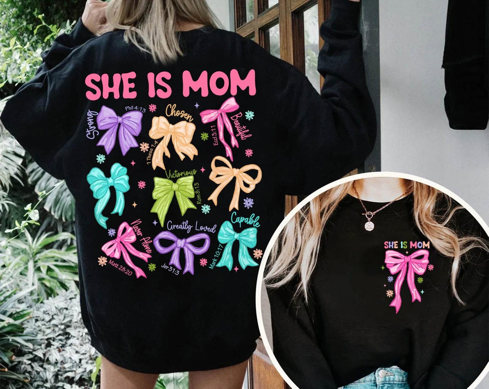 She Is Mom Coquette Bow, Retro Mom, Christian, Mom Life, Bible Verses , She Is Strong, Mother Day Gift, Brushstroke